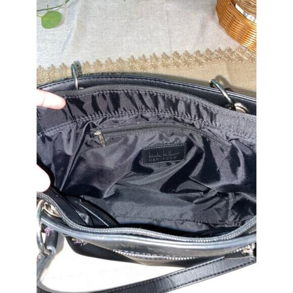 Nicole Miller New York Black W/ Silver Logo Zipper Pockets Top Handles Handbag - Picture 5 of 12